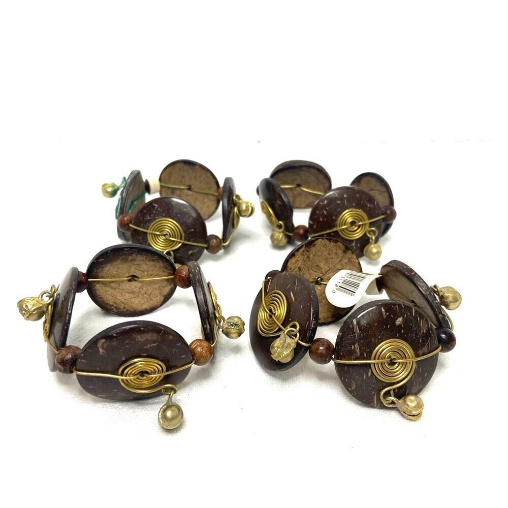 AdV‎ Napkin Rings Set of 4 Beaded Wired Made India Mixed Media Browns & Brass